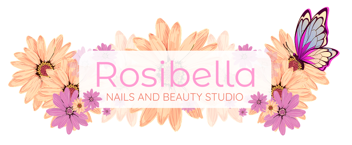 logo Rosibella Nails and beauty with flowers around the name and a butterfly on top right